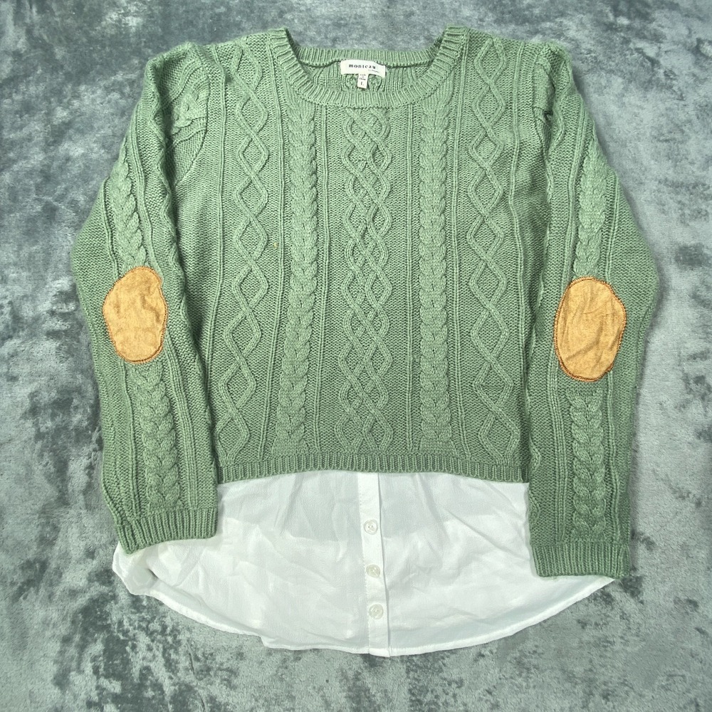 Monteau Sweater Womens Large Green Cable Knit Elbow Patch Layered Cottagecore LA